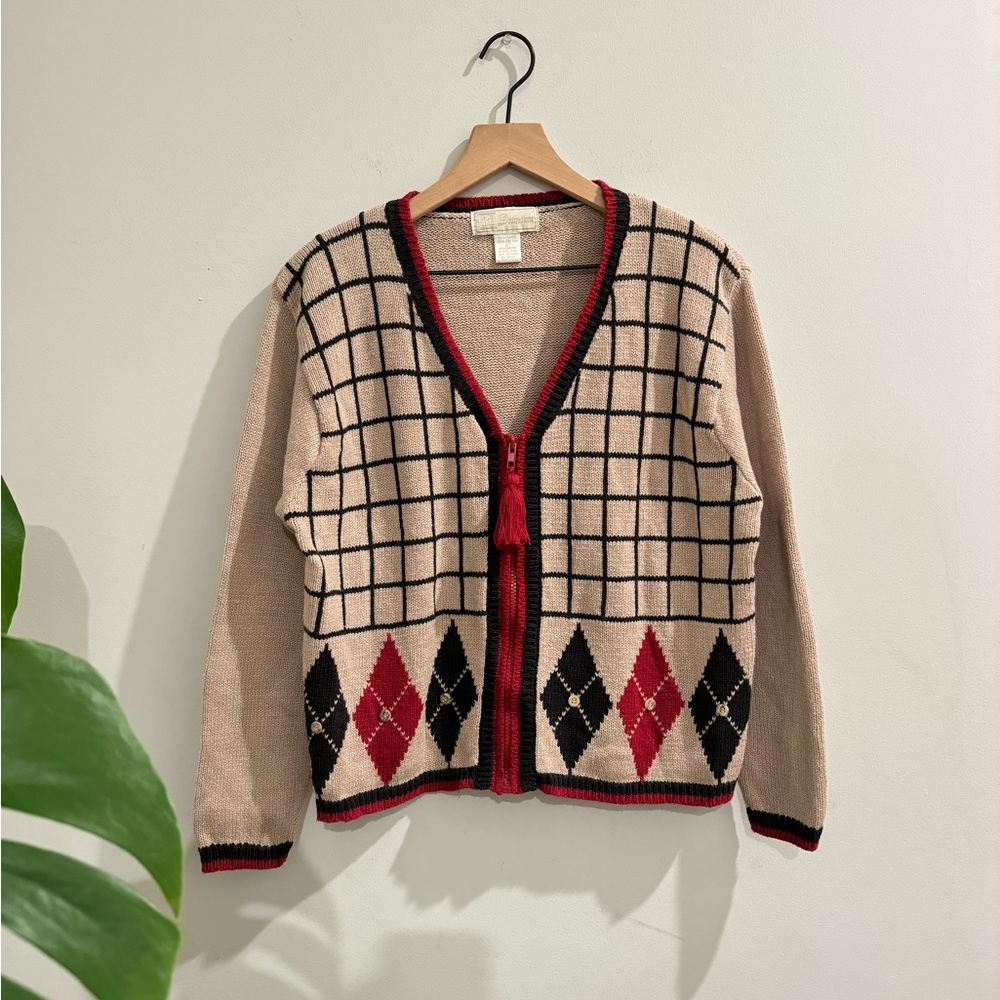 VINTAGE COTTON AND RAMIE CHECKERED 
CABINCORE ZIP UP CARDIGAN SIZE L